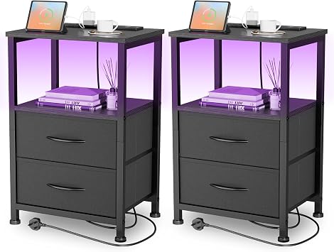 Yornoli Set of 2 Bedside Table with Charging Station 40cm Wide Bed Side Table for Bedroom with Fabric Drawers Small End Tables with Led Lights for Living Room Small Spaces Black, 2 PCS