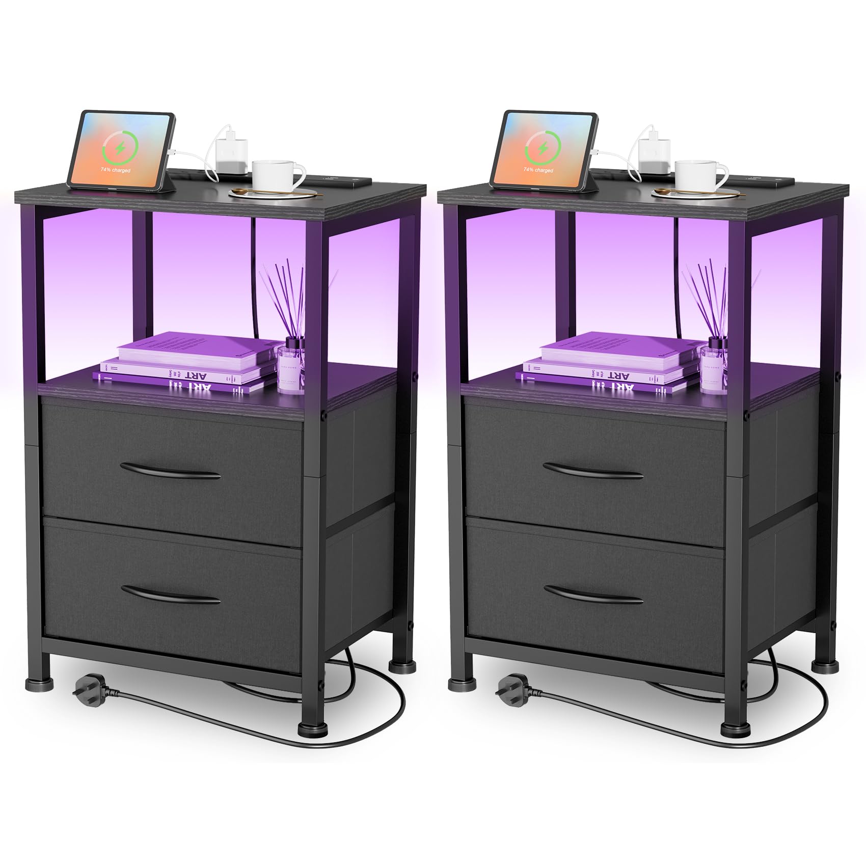 Yornoli Set of 2 Bedside Table with Charging Station 40cm Wide Bed Side Table for Bedroom with Fabric Drawers Small End Tables with Led Lights for Living Room Small Spaces (Black, 2 PCS) — image 1