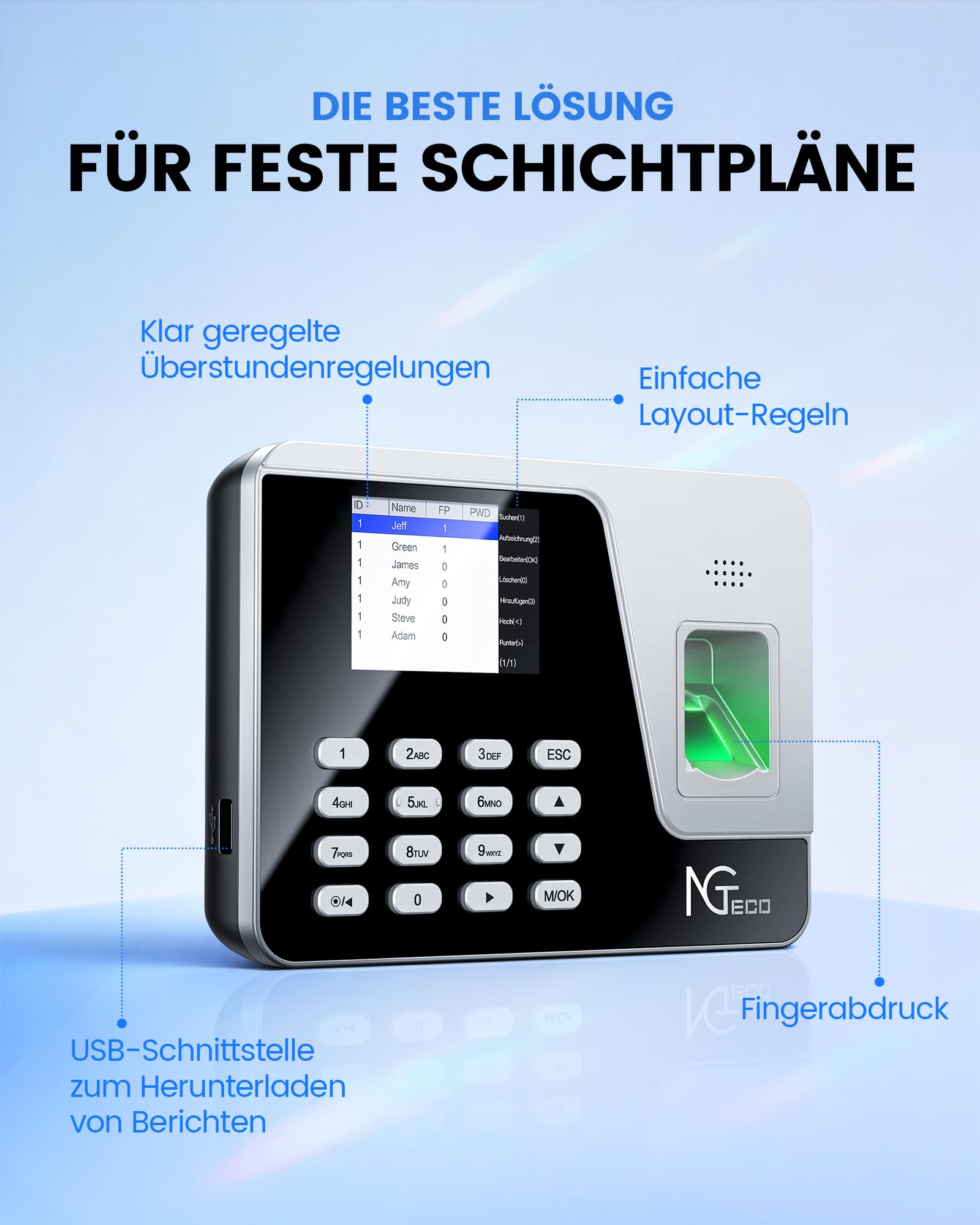 NGTeco Zeiterfassungsgerät für Mitarbeiter (Fingerabdruck + PIN), Standalone Stechuhr, Kein WiFi/Software/Monatliche Kosten, Deutsch