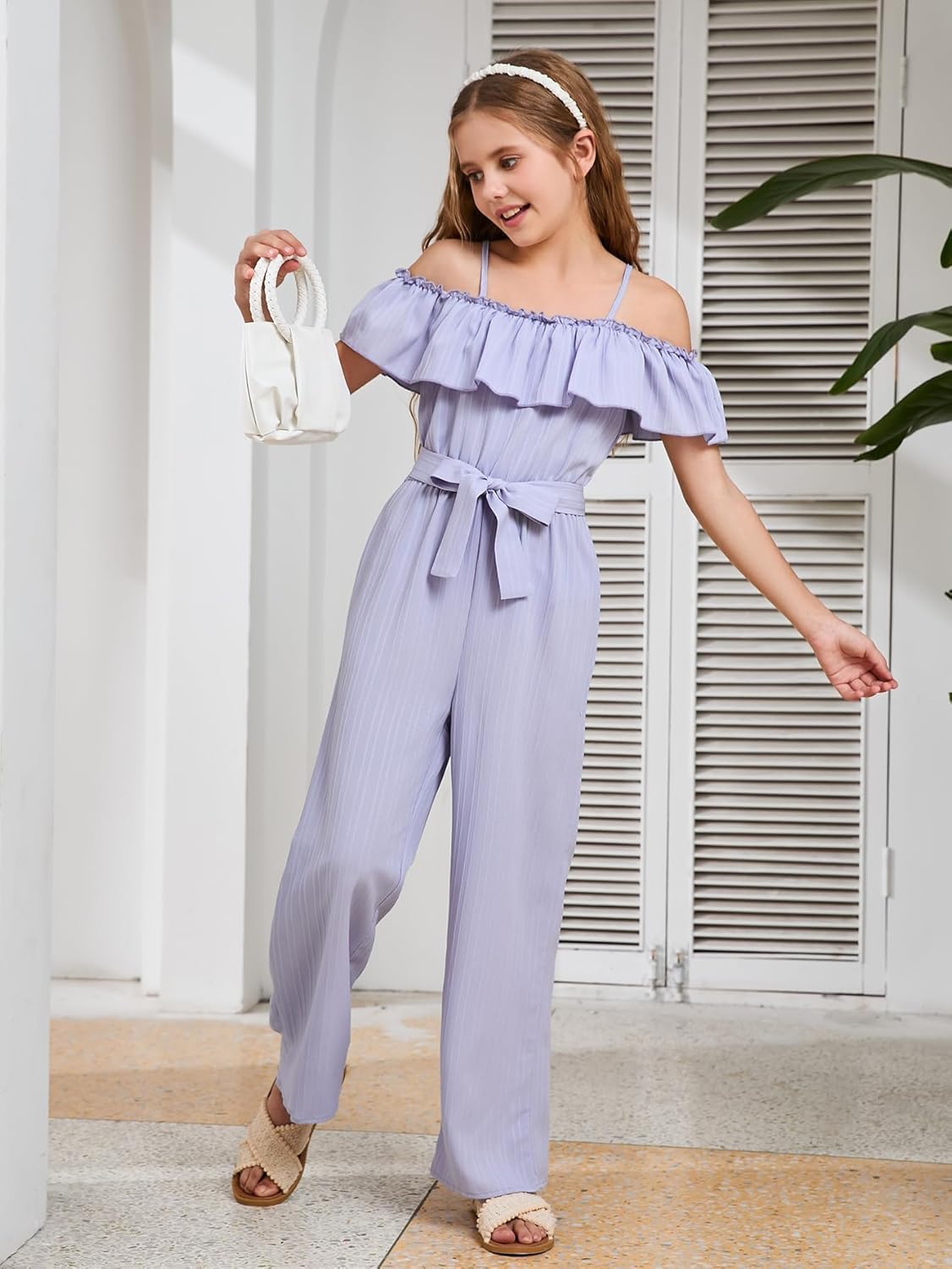 WDIRARA Girl's Ruffle Trim Cold Shoulder Short Sleeve Belted Wide Leg Jumpsuit Pants - Image 5