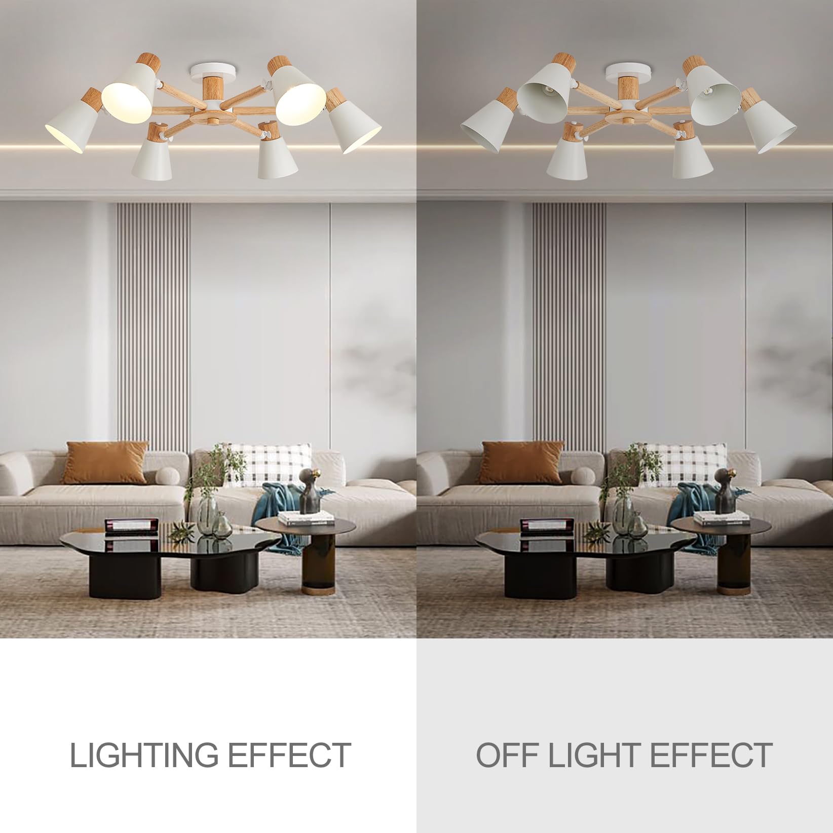 YOODI Lampada da Soffitto, Moderno Plafoniera Soffitto, 6 Luci Lampade a Sospensione, E27 Portalampada Lampadari in Metallo e Legno Massello per Camera da letto, Soggiorno (Lampadina non inclusa)