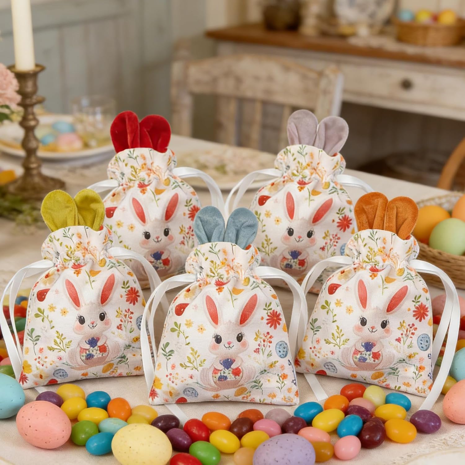 Della Stella 6 Pack Cute Easter Bunny Treat Bags for Kids, Plush Drawstring Candy Gift Bags with 6 Assorted Colors, Reusable Party Favor Bags for Classroom and Home