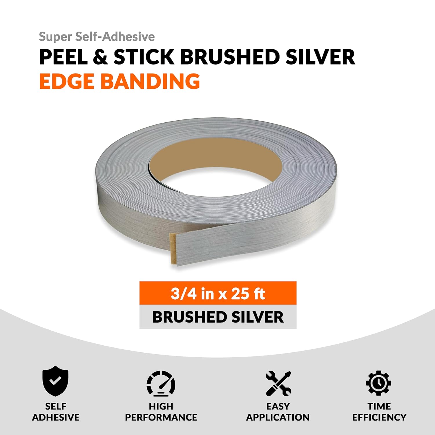 Brushed Silver 3/4 inch x 25 ft PVC Edge Banding Peel Stick Tape Adhesive Metal Edging Veneer Furniture Aluminum Trim MDF Wood Cabinet Flexible Strip Molding Laminate Shelf Countertop Formica Plywood