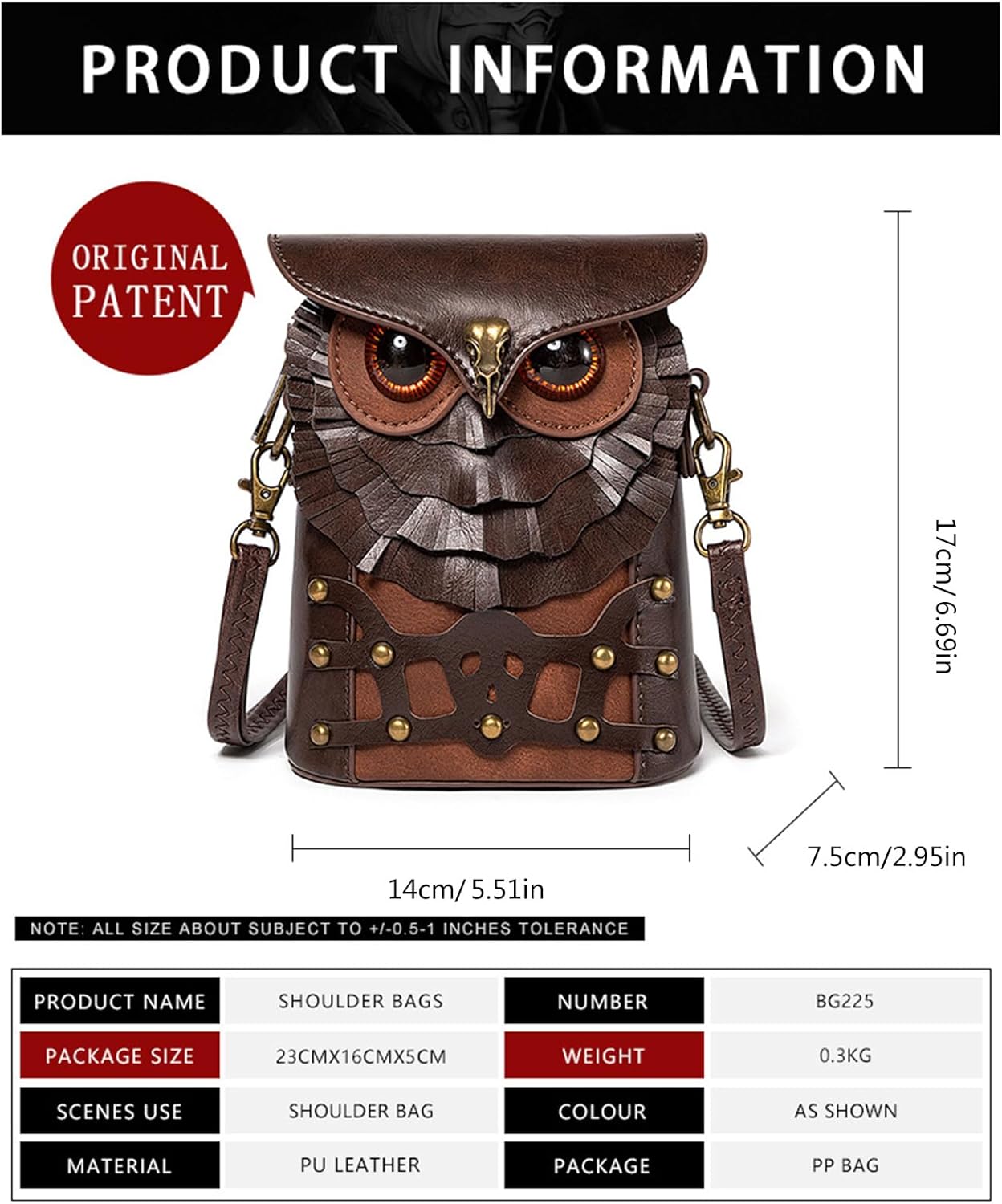 Creative Owl Crossbody Bag For Women Lovely Animal Shoulder Bag PU Leather Bag Medieval Handbag Coin Purse, As Shown in the Pictures