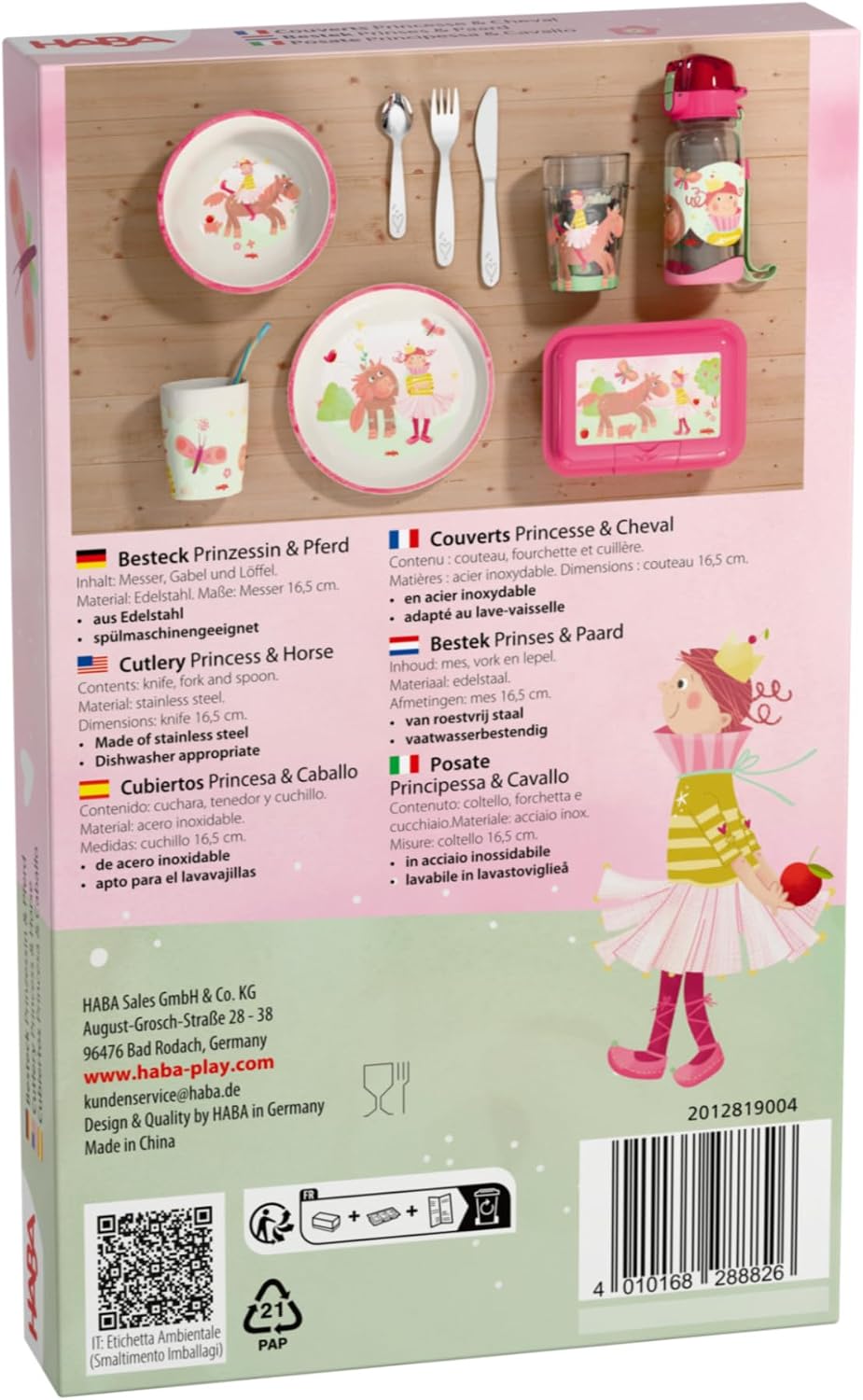HABA Princess & Horse Cutlery - Children's Stainless Steel Cutlery with Heart Motif - Fork, Knife and Spoon Set - Dishwasher Safe - From 12 Months - 2012819004