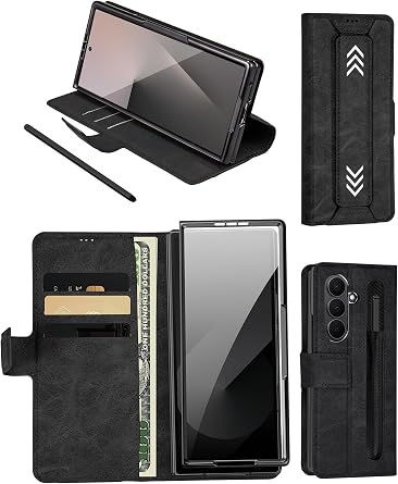 for Samsung Z Fold 7 Case with S Pen, Card and Cash Slots, HD Tempered Glass Screen Protector, Premium Leather, Magnetic Closure, Kickstand & Wrist Strap Black, Samsung Galaxy Z Fold 7