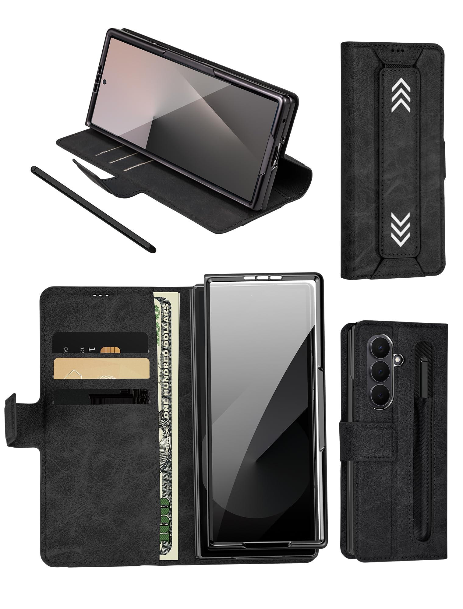 - for Samsung Galaxy Z Fold 6 Case with S Pen Holder, Card and Cash Slots, HD Tempered Glass Screen Protector, Premium Leather, Magnetic Closure, Kickstand & Wrist Strap (Black, Samsung Galaxy Z Fold6)