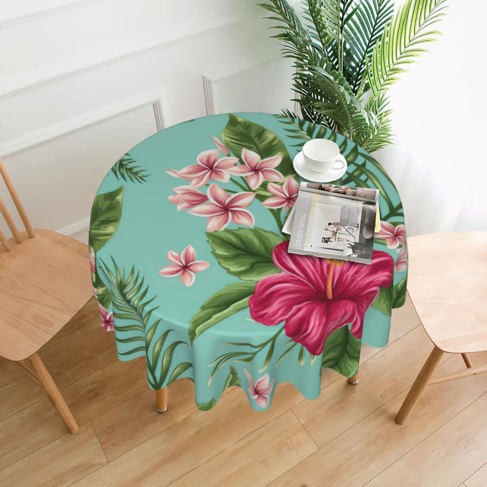 SDEGTHO Hawaiian Tropical Leaves Flowers Print Modern Retro Round Tablecloth 60in Polyester Fabric Cover for Party Dining Table Washable
