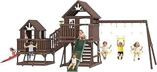 Albott Wooden Swing Set for Kids, Large Outdoor Wood 14-in-1 Playhouse with Double Towers, Wave Slides, Swings, Climbing Wall & Ladder, Backyard Playground for Ages 3–8, 170.5" D x 287.4" W x 117" H