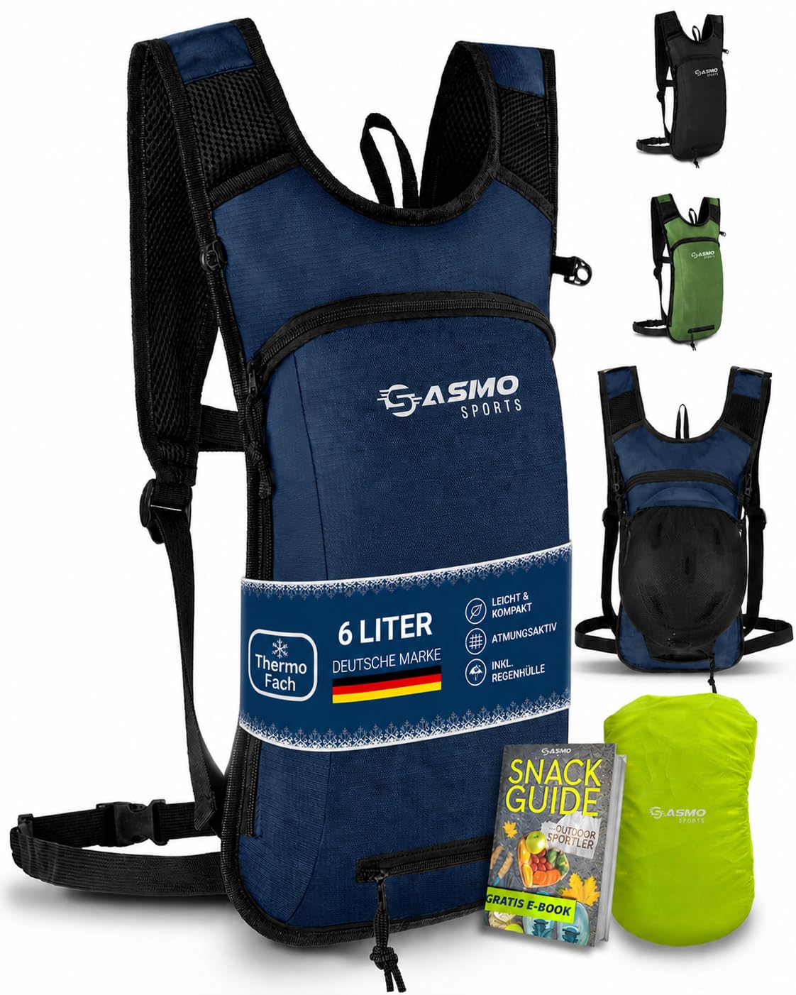 SASMO® Fahrradrucksack & Skirucksack 6L / 8L / 10+3L / 14+3L mit Thermofach, Helmnetz & Regenschutz | Ultraleicht - MTB Rucksack Herren & Damen | Kleiner Fahrradrucksack Herren & Damen