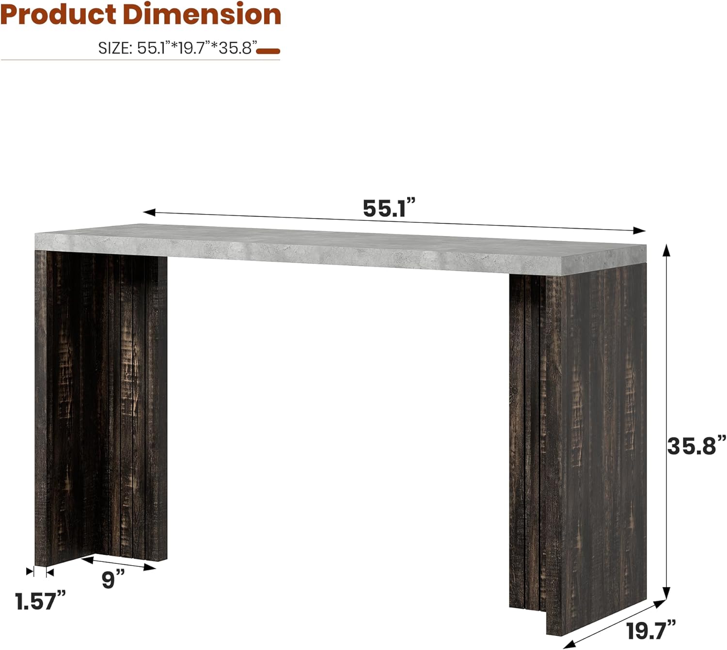 Bar Table for 4-6 People - 55" Long Counter Height Pub with Faux Marble Tabletop, Modern Rectangular Home Bar Coffee Unit for Kitchen, Dining Room, Balcony, Living Room, Gray+Brown