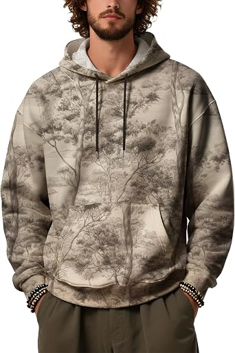 Maple Leaf Printed Trendy Shirts for Men Long Sleeve Drawstring Sweatshirts Casual Pullover Oversized Comfy Hooded