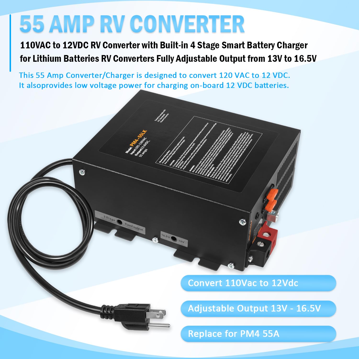 55 Amp RV Converter, 110Vac to 12Vdc Power Converter & Battery Charger with 4 Stage Smart Charging, 13V to 16.5V Operating Range, Replace for PM4 55A, WF-9800 Series