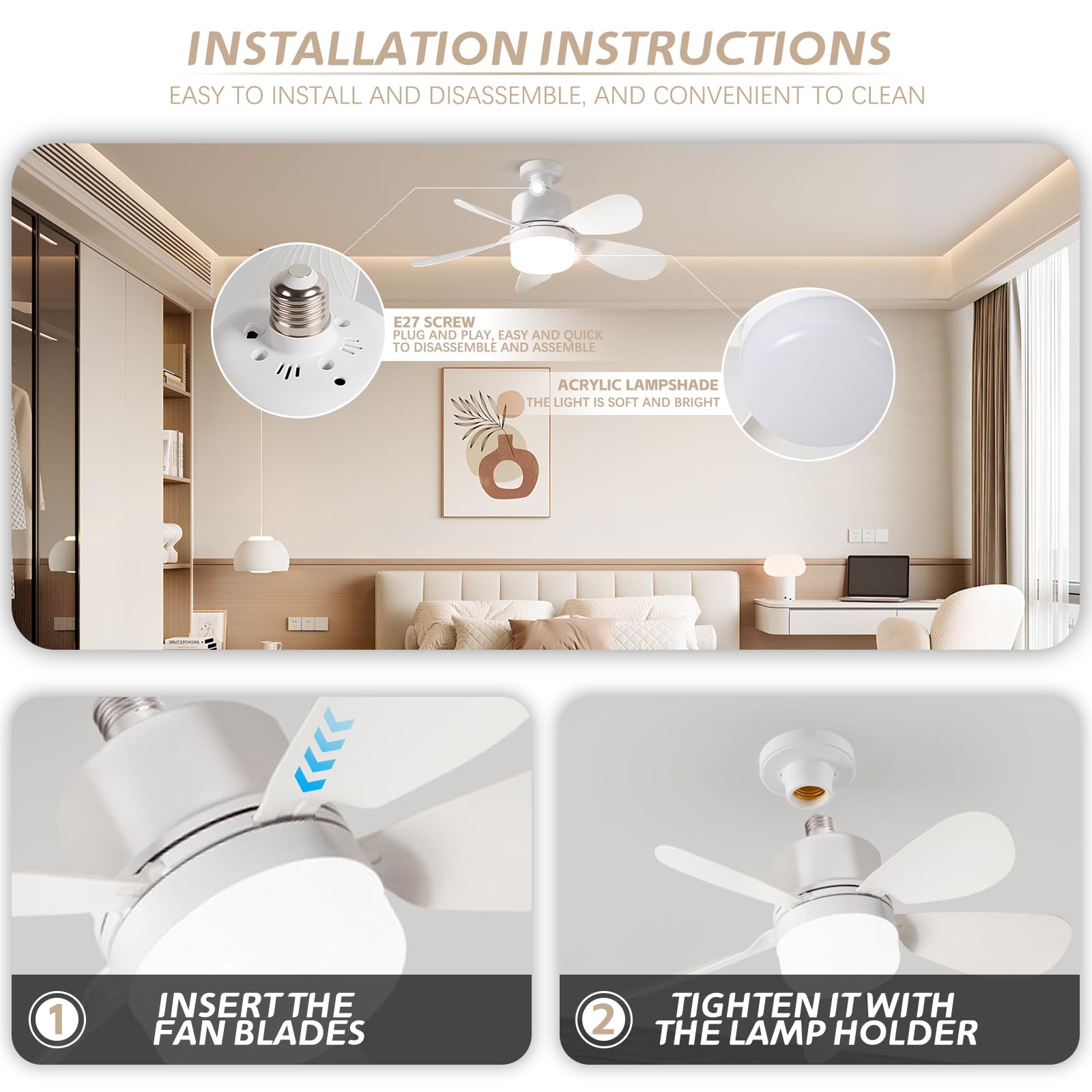 LampadarioVentilatoreCamera da Letto, Ventilatore con Luce e27, Lampadario con Ventola e Telecomando, Lampada Ventola led, Ventilatore da soffitto con Lampada