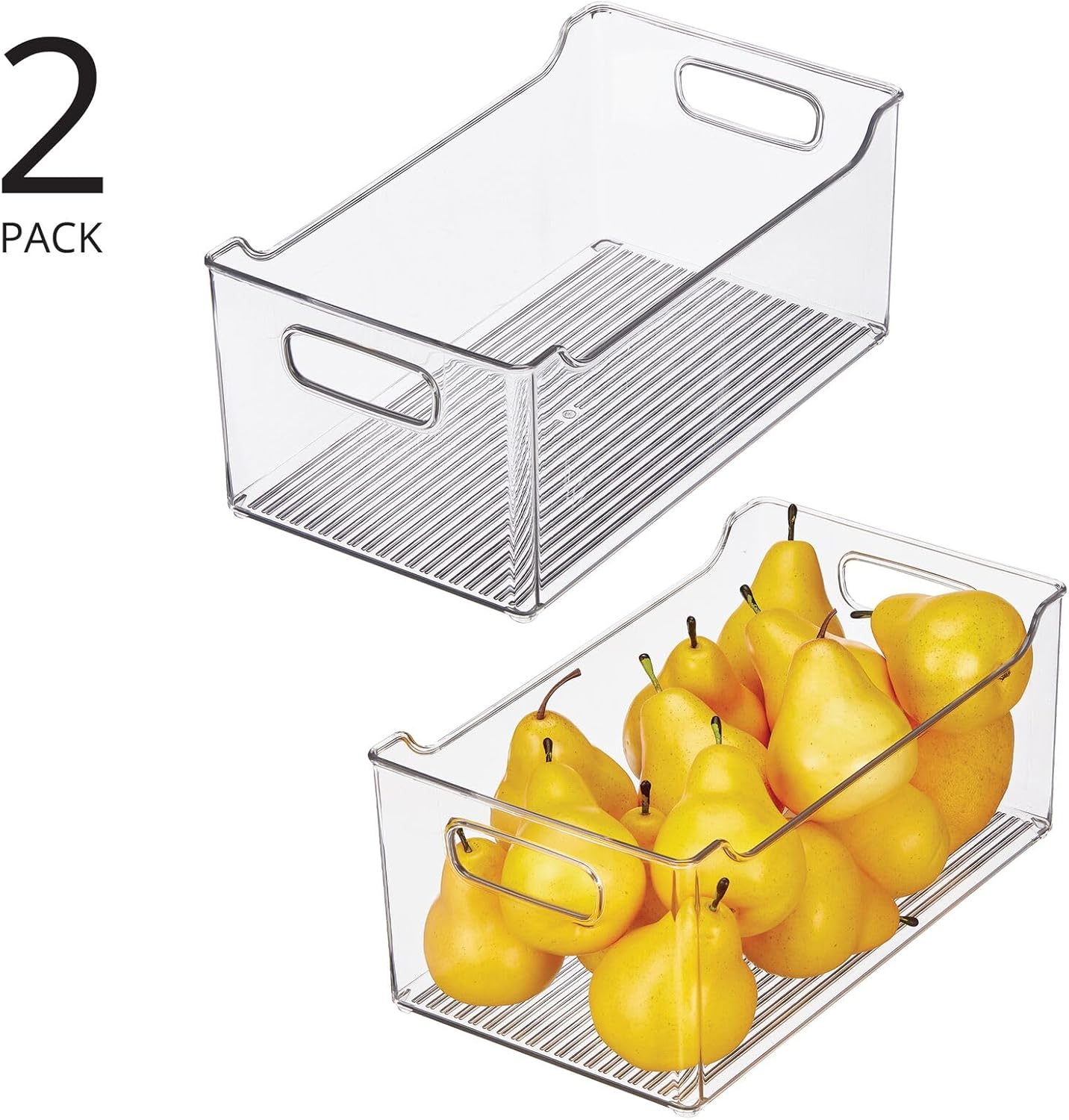 mDesign Plastic Storage Organization Bin with Handles for Kitchen Cabinet, Pantry, Shelf, Fridge/Freezer - Home Organizer for Fruit, Potatoes, Onions, Drinks, Snacks, Pasta - 4 Pack - Clear