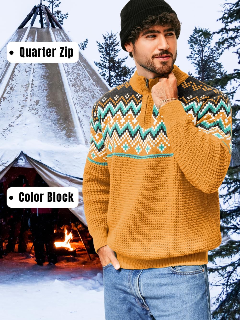 ChiaoLezhee Men's Quarter Zip Fair Isle Sweater, Pullover Waffle Knitted Stand Collar, Nordic Vintage Long Sleeve Fits 32-42