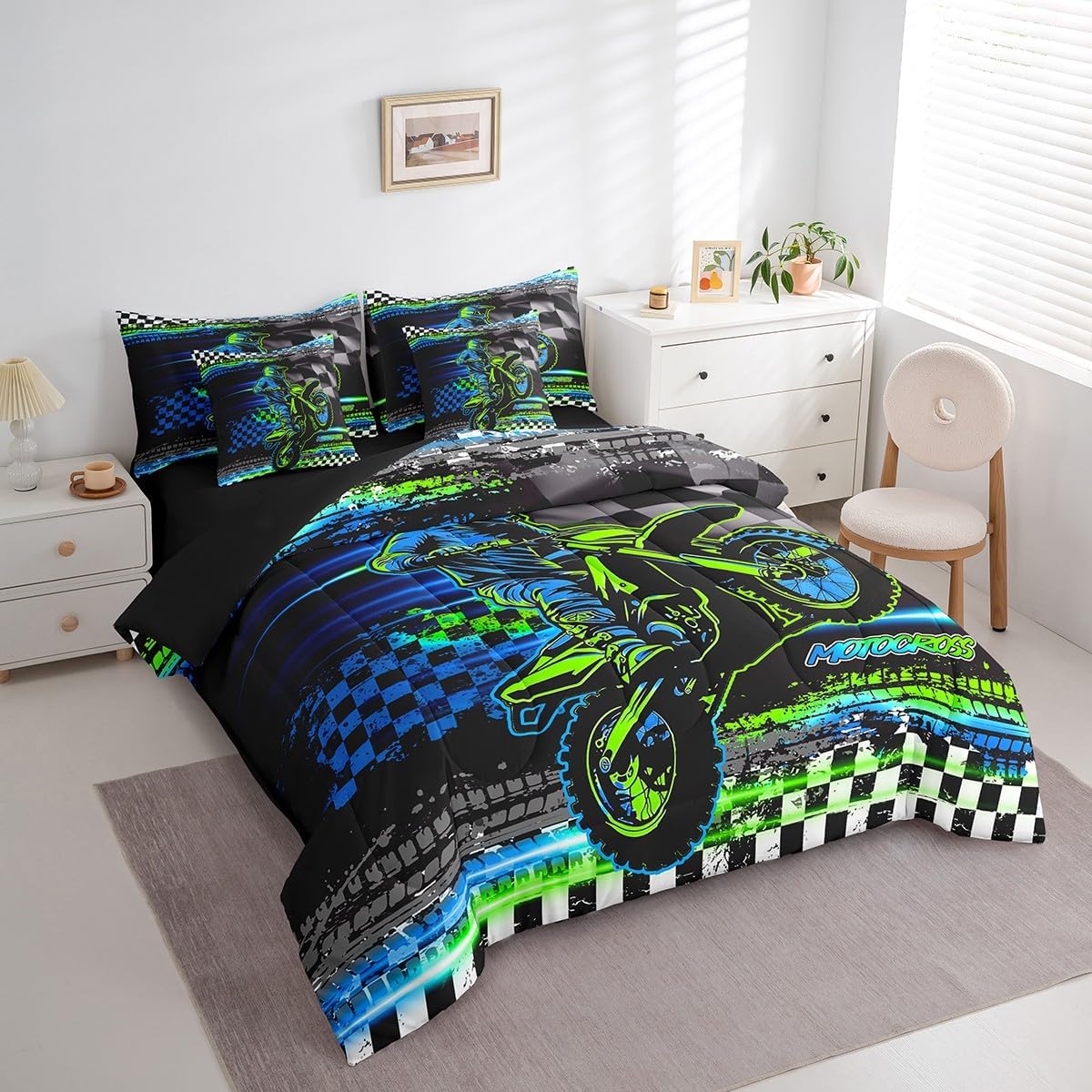 Feelyou Boys Girls Dirt Bike Bed in A Bag Twin Size, Extreme Sports 7 Pieces Bedding Set Kids Racing Motocross Comforter Set with Sheets Motorcycle Teens Bed Set Bedroom Decor 7Pcs
