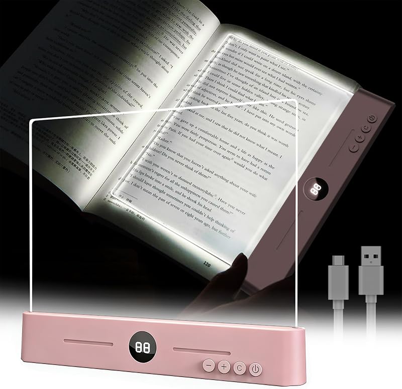 Luz de libro LED y luz nocturna 2 en 1, luz de libro plana transparente recargable por USB con 3 colores y temporizador, luces de libro regulables para leer por la noche, resistente a los arañazos, cuidado de los ojos (rosa)