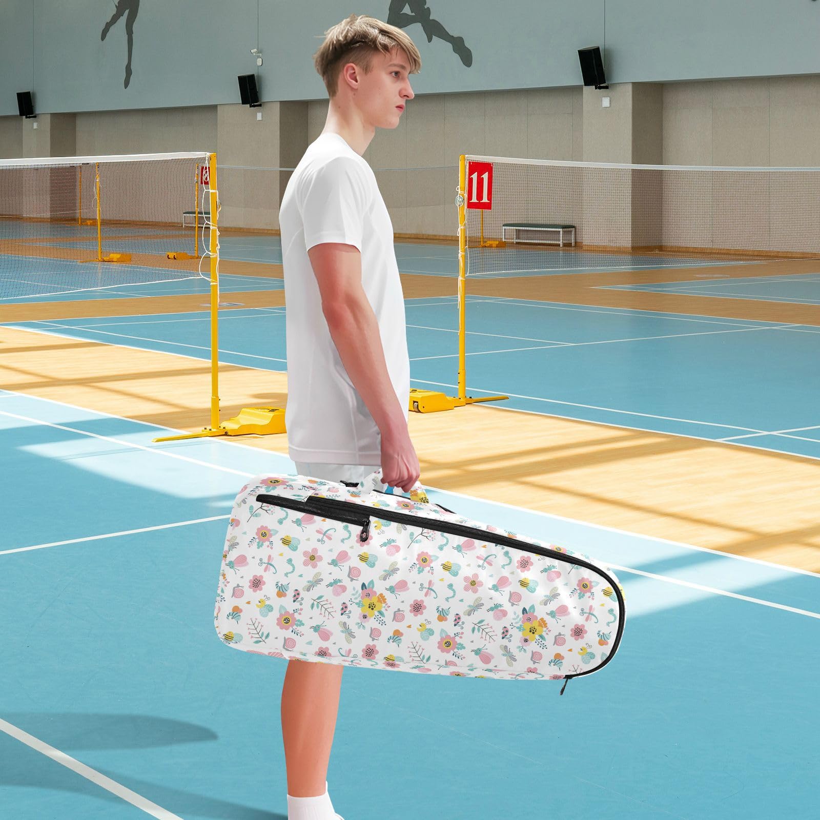 junzan Artykuły sportowe torba tenisowa urocza solidna 2 rakiety rakieta tenisowa pokrowiec torba torba na siłownię do tenisa, badmintona, rakietki urocze kwiaty na białym tle