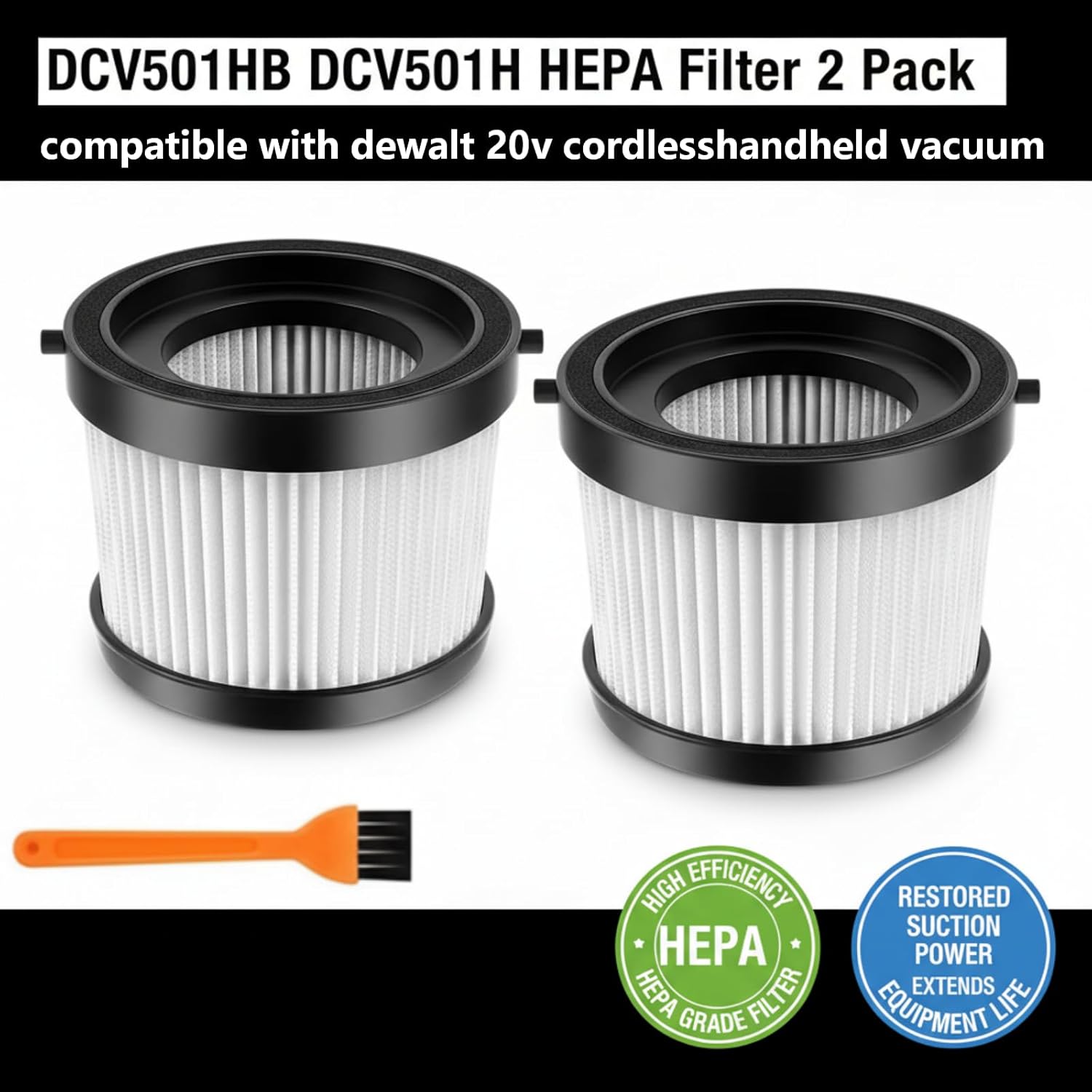 DCV501HB DCV5011H HEPA Filter Replacement Compatible with DEWALT DCV501HB 20V Vacuum Cordless Handheld Vacuum, 2 packs of vacuum filters and 1 brush