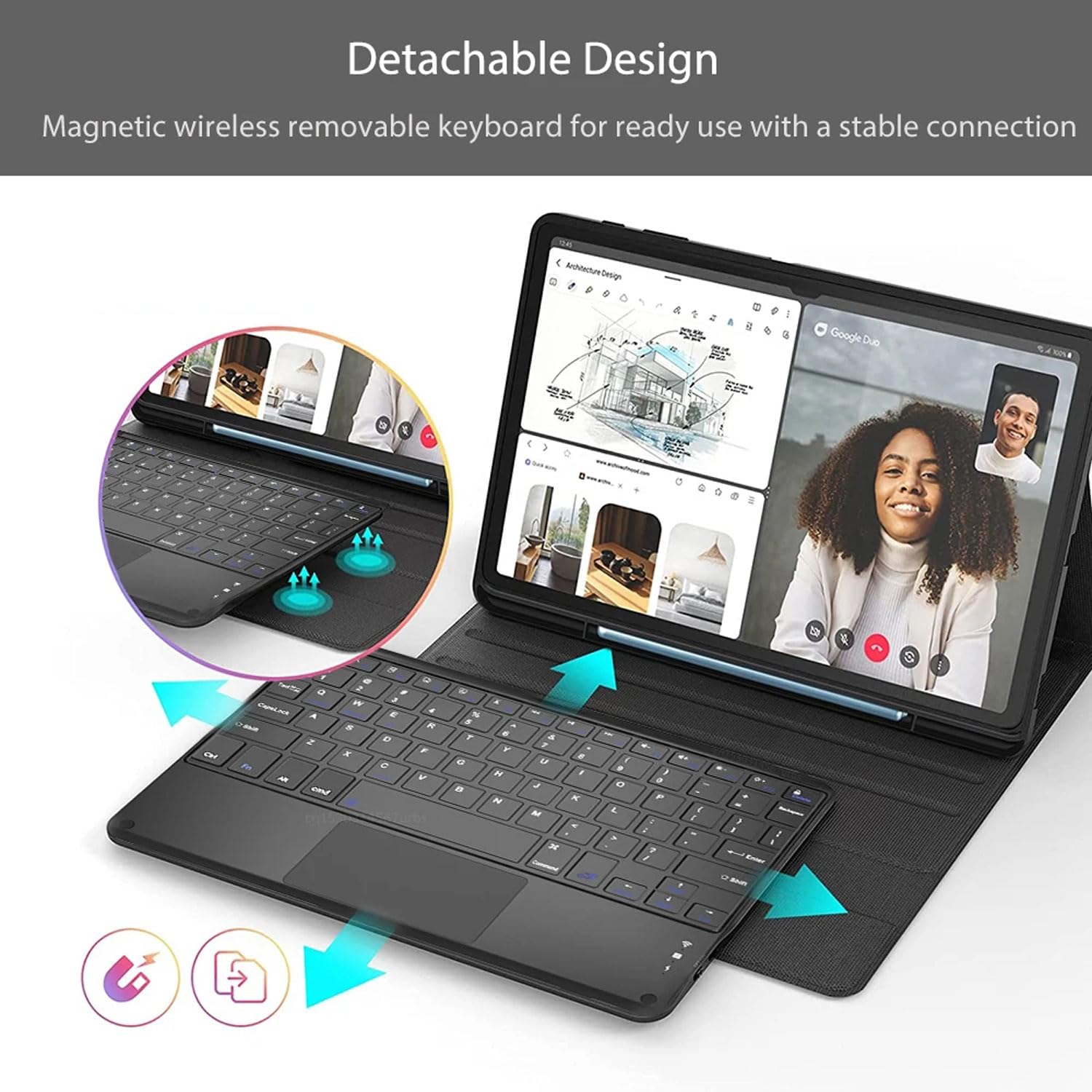 Touchpad Keyboard Case for Samsunga Galaxy Tab A7 10,4 cala 2020 Model SM-T500/T505/T507, Odłączana Bezprzewodowa Klawiatura Bluetooth, Ultracienka Miękka Tylna Pokrywa Z Tpu,Black