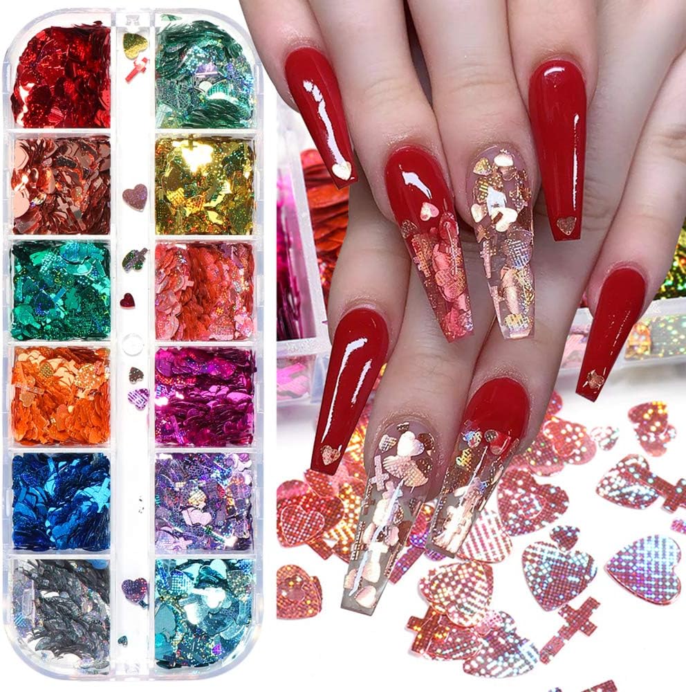 3D Heart Nail Art Glitter Stickers Decals Love Nail Sequins Laser Heart Cross Shape Supplies Sparkle Charms Nail Flakes Mixed Size Colorful Shiny Design for Acrylic Decorations Accessories