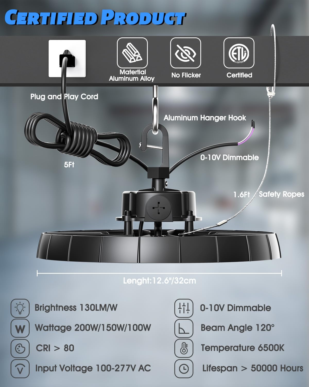 200W Adjustable LED High Bay Light - 100W 150W 200W Selectable 0-10V Dimmable 130LM W Super Bright 6500K — view 2