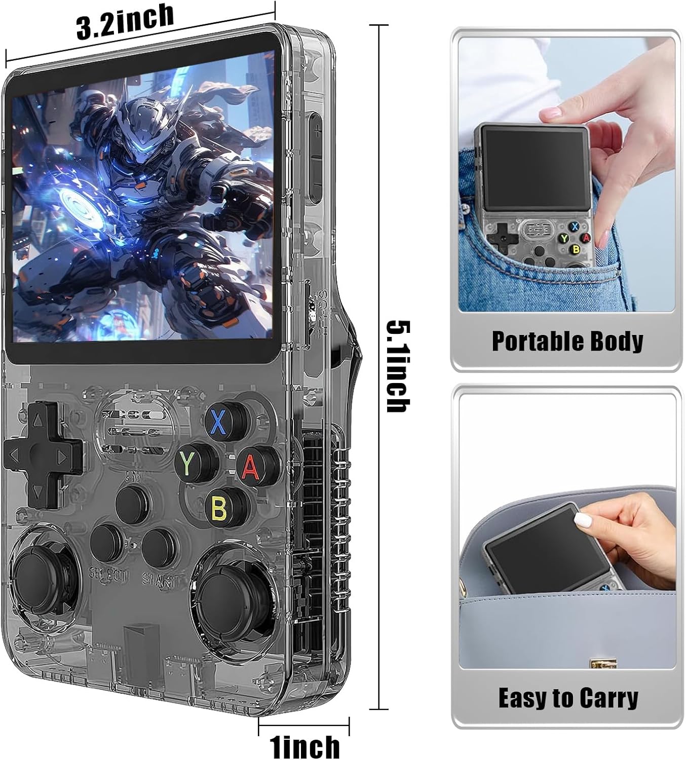 QISHENKOLA R36S console with dimensions (3.2, 5.1, 1 inch) and images showing it fitting into a pocket and a bag.