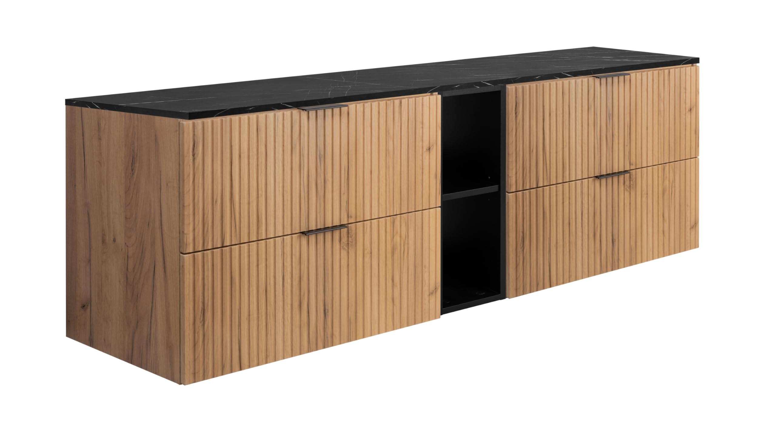 3E 3xE living.​com Mobiletto da bagno sospeso, rovere Craft/​piano in marmo nero (MDF), 180 x 57 x 46 cm