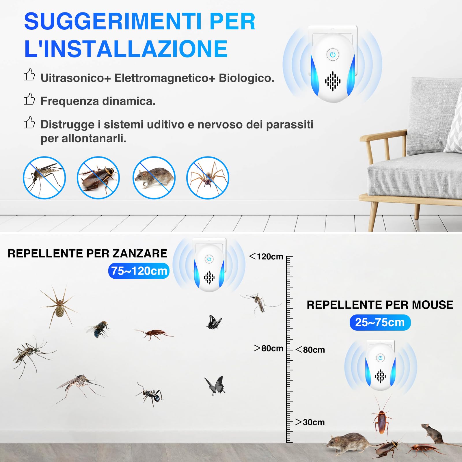 Ultrasuoni per Topi da Interno 4 Pezzi - Dissuasore Ratti, Insetti, Zanzare, Scarafaggi, Formiche e Ragni - Tecnologia Ultrasuoni Silenziosa, Sicura e Non Tossica - Copertura Fino a 200 m²