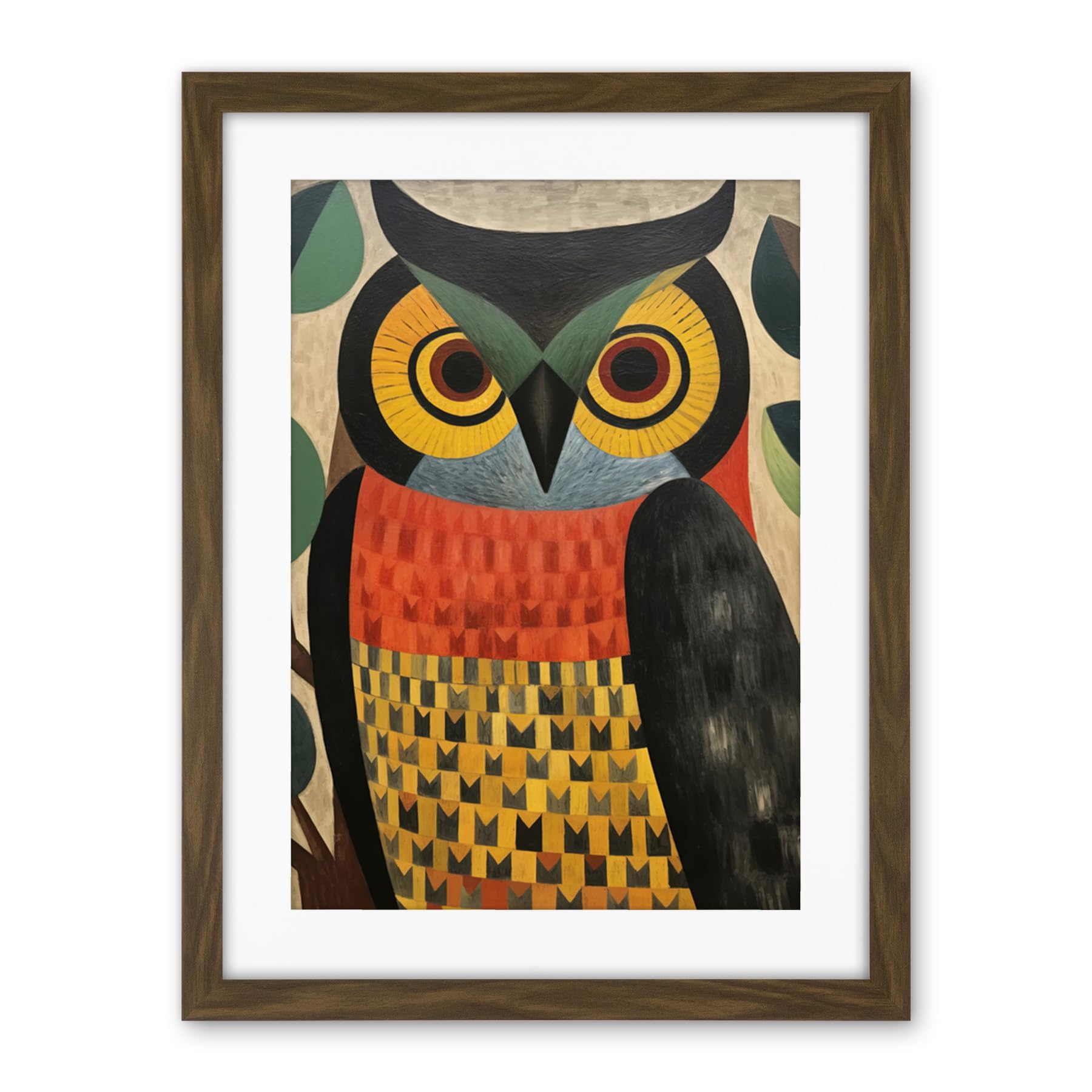 Artery8 Folk Art Geometric Owl Boho Colours Yellow Coral Green Bold but Subtle Artwork Framed Wall Art Print 18X24 Inch