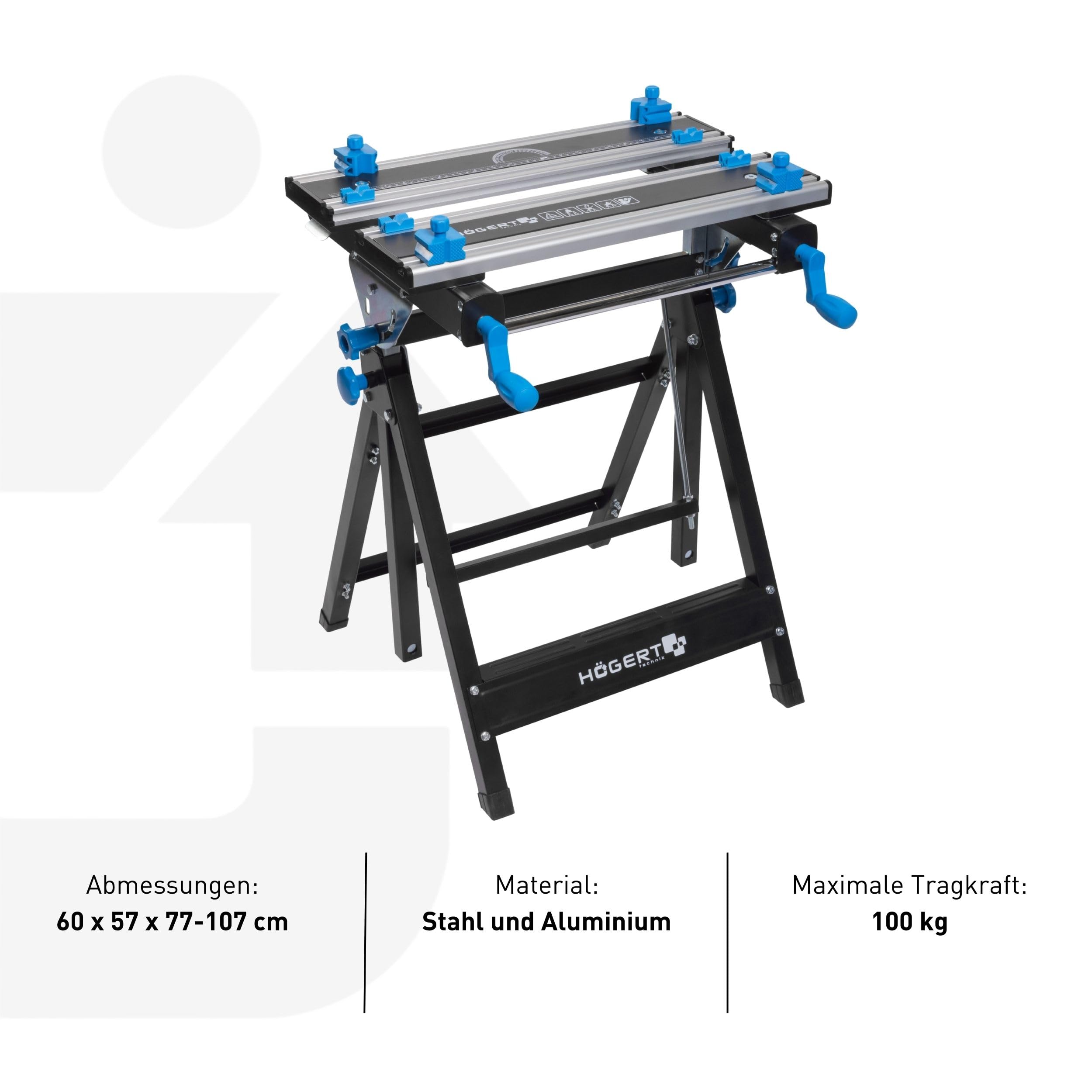 HÖGERT TECHNIK – Klappbarer, höhen- und neigungsverstellbarer Werkstatttisch 600x570x770–1070 mm mit Aluminiumplatte, Spannbacken, Winkelverstellung und Maßskala