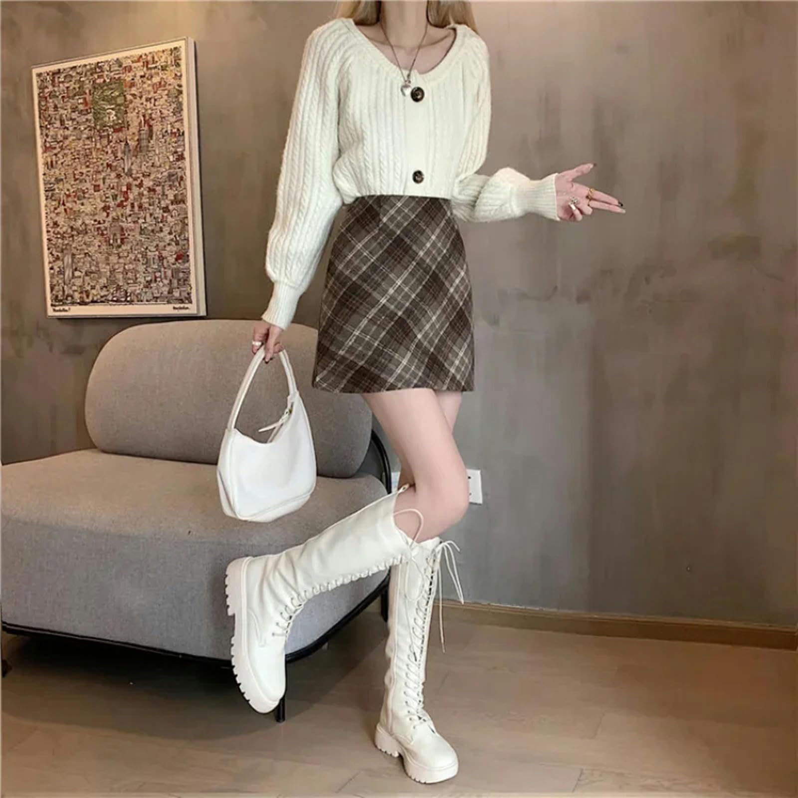 Spódnice damskie z wysokim stanem retro w kratę elegancka linia A na co dzień damska jesienna spódnica na wszystkie mecze