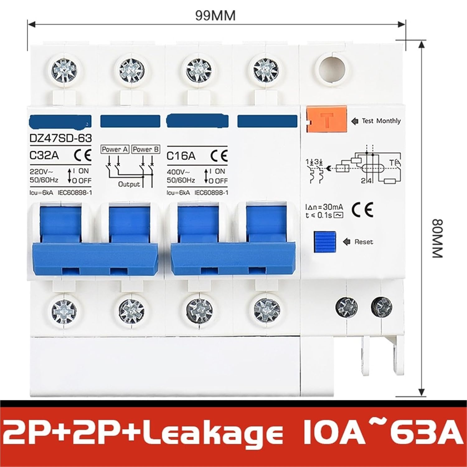 AC 220V 380V DC500V Manual Dual Power Transfer Switch Circuit Breaker 1Pcs(1P-1P,AC 16A - AC 16A)