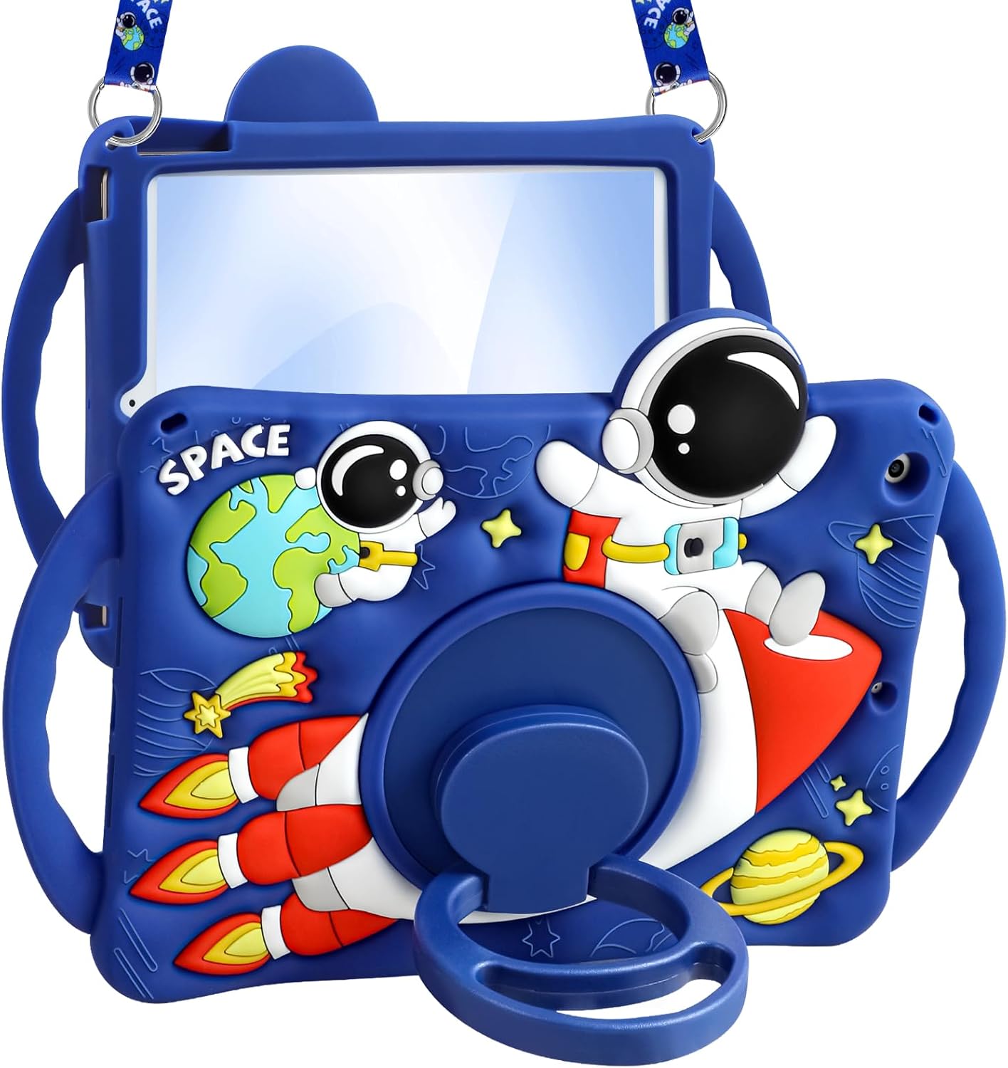 Boaretiu for iPad A16 Case/10th Generation Case - Cool Cute Cartoon Astronaut Spaceship with Strap & Rotating Stand & Handle for Boys Girls Teens 3D Silicone for iPad A16 11th Generation 11 Inch 2025