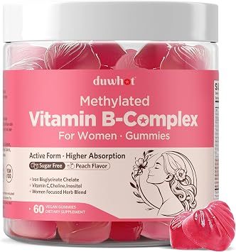 duwhot Methylated B Complex Gummies for Women & Teen Girls, Multivitamin with Iron, l Methylfolate and B12, Plus Organic Herbs for Stress Relief, Energy Support,Vegan,Non-GMO,Peach Flavor,60 Chewables
