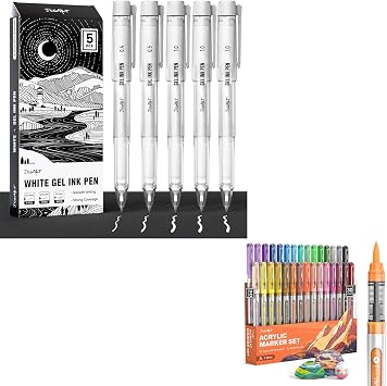 White Gel Pens with 0.4mm, 0.5mm & 1.0mm Assorted Tips Acrylic Paint Markers Brush Tip 30 Colors