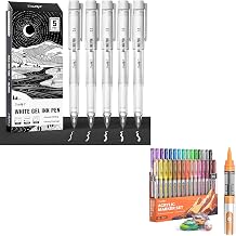 JusArt White Gel Pens with 0.4mm, 0.5mm & 1.0mm Assorted Tips Acrylic Paint Markers Brush Tip 30 Colors