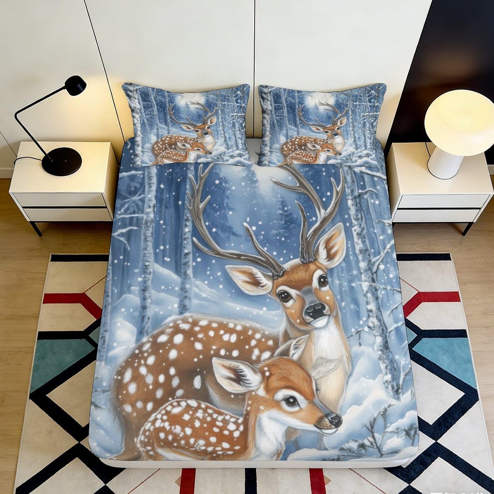 3D Printed Winter Deer Forest Fitted Sheet Microfiber Soft Anti-Slip Mattress Cover Bedroom Dorm Protector 140x200x25cm