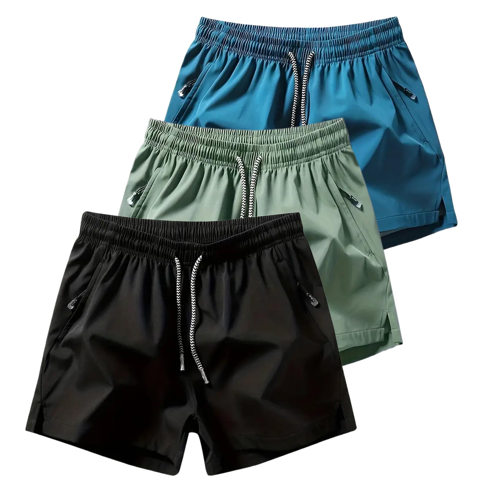 3 Set Men's Workout Athletic Shorts Lightweight Moisture Wicking 3" Running Shorts with Zipper Pockets Gym Beach