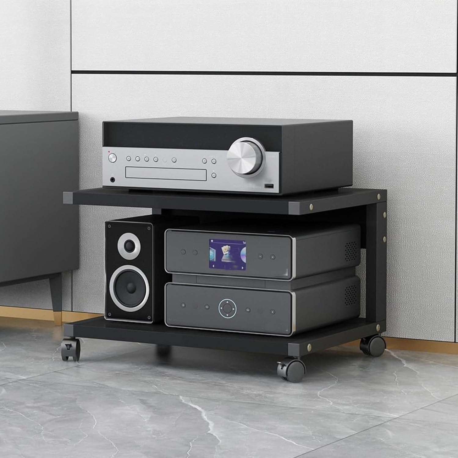Meuble HiFi audio à 2 niveaux, étagère pour platine vinyle/console de jeux/DVD, meuble TV stéréo en bois, idéal pour salons, salles de jeux et espaces multimédias (Naturel, 50 x 40 x 30 cm) (Noir