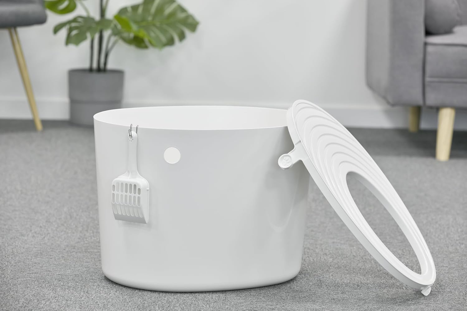 Iris Ohyama, Large Plastic Litter Box with Top Entry, Scoop Included and Slotted Lid, L53 x W41 x H37cm, Unit, BPA Free, Shovel Support, PUNT-530, for Cats, White