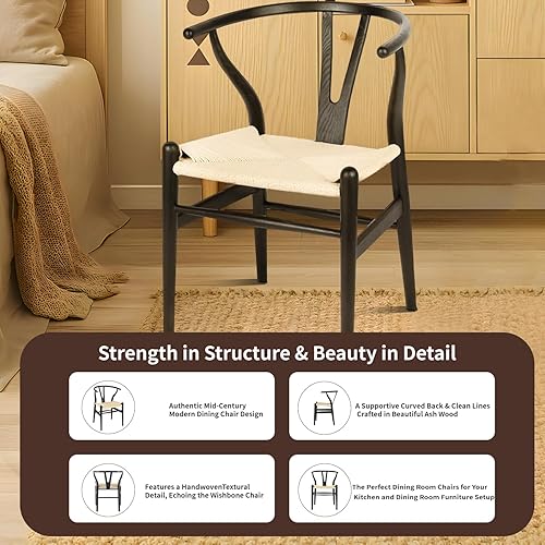 Vista 6 de Tomile Silla Wishbone de madera maciza, Silla Y Reposabrazos, Silla de comedor de mediados de siglo, asiento de cáñamo