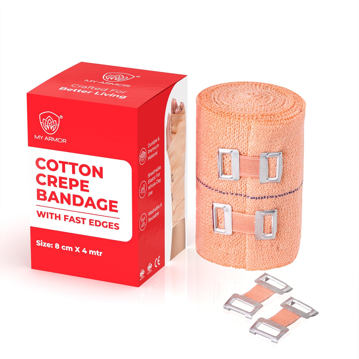 MY ARMOR Cotton Crepe Bandage for Ankle, Legs, Knee, 8cm X 4mt, Pain Relief Garam Patti for Hand, Wrist, Knee, Thigh etc. for Injury & Muscle Compression, with 2 Extra Clips, Pack of 1