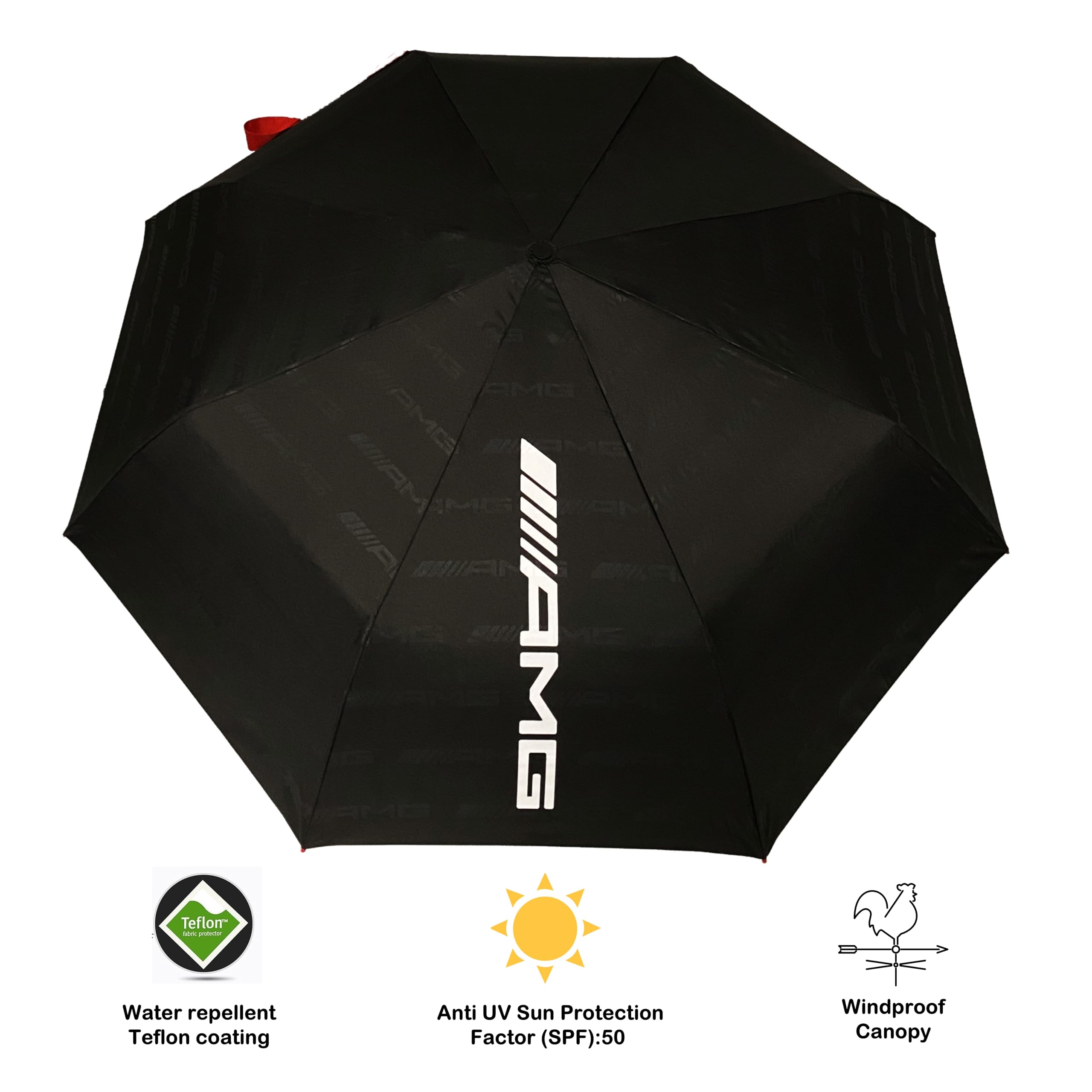 Paraguas Plegable AMG Auténtico – Antiviento, Apertura y Cierre Automáticos, Compacto de Viaje, Diseño Negro y Rojo Premium, Resistente y Ligero para Todo Clima