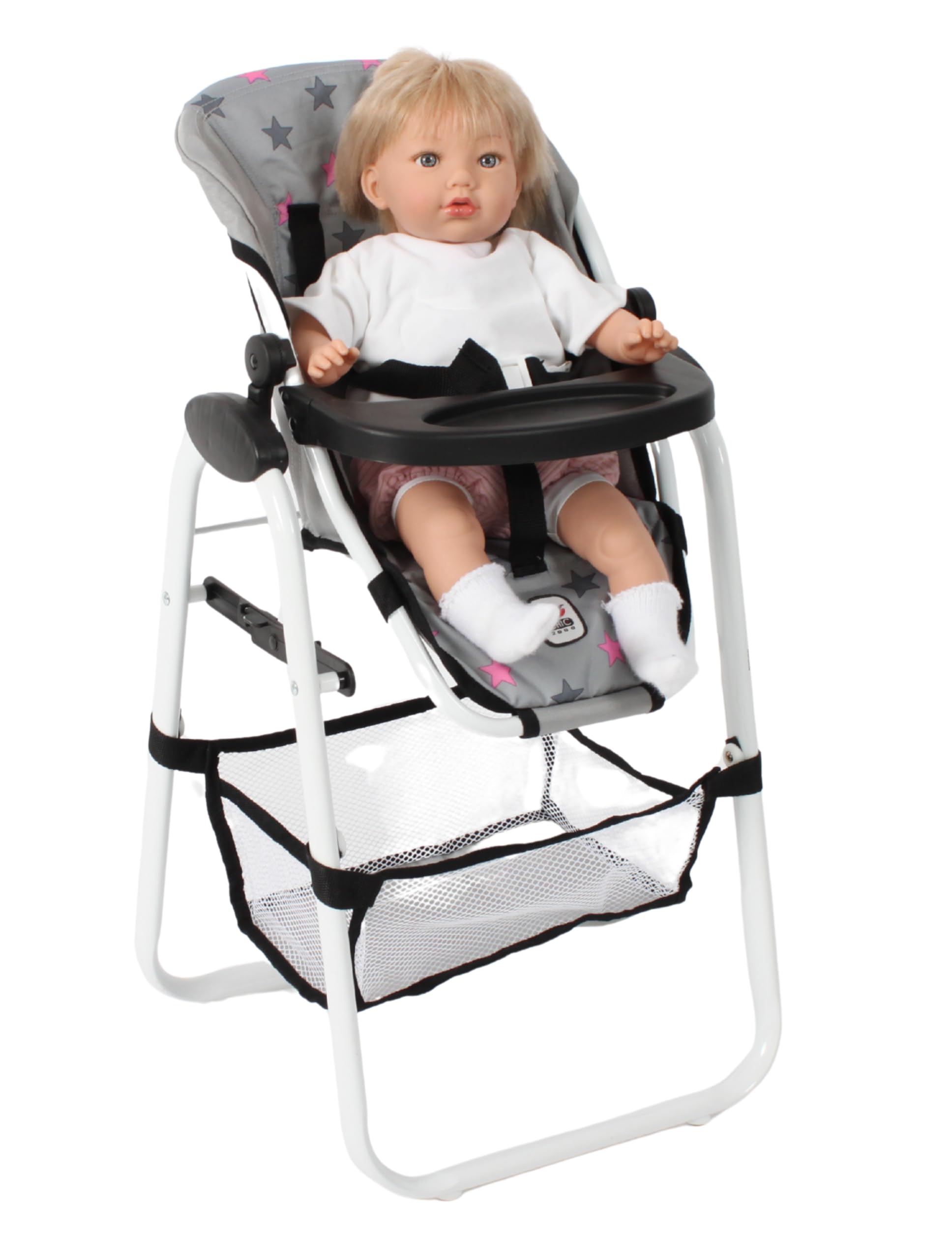 Bayer Chic 2000® Chaise Haute pour poupée - Étoiles Grises - Réglable et Pliable - Porte-Dossier et Filet à Bagages - Poupées jusqu'à 50 cm - Accessoires pour poupée de 3 à 8 Ans