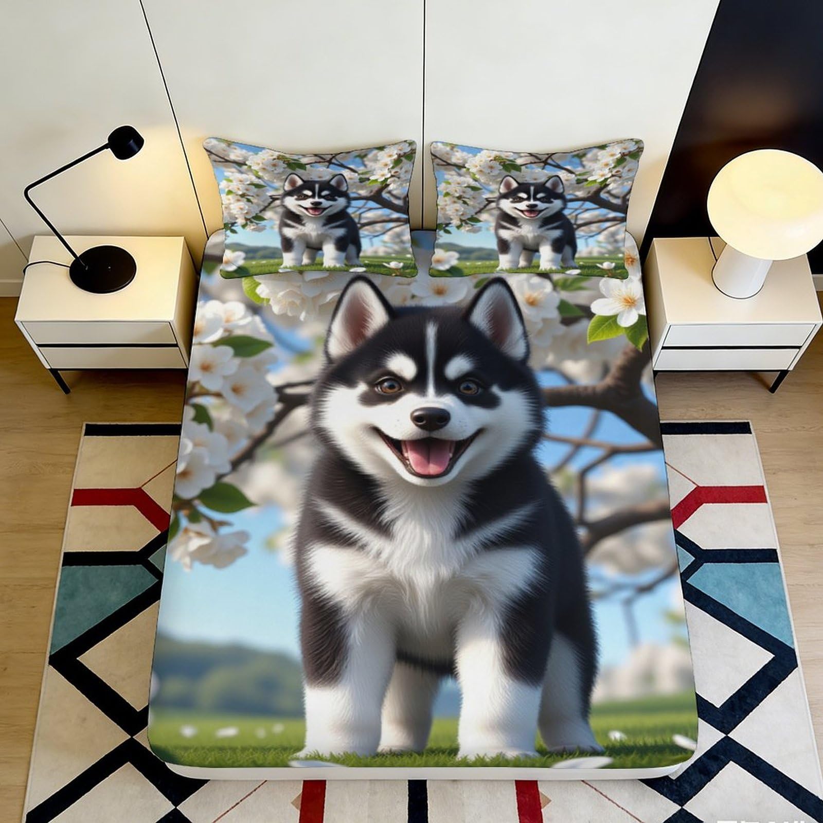 3D Printed Husky Puppy Fitted Sheet Microfiber Soft Durable Black White Dog Mattress Cover for Bedroom Dormitory Guest Room Protection Decor 160x200x25cm