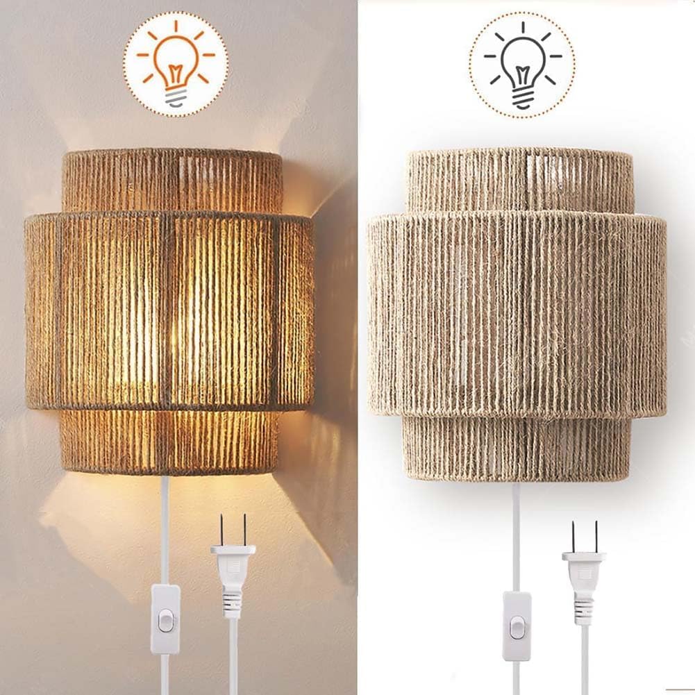 OOWOKS E27 Boho Vintage Rattan Wandlampe mit Stecker Kabel, Wandleuchte Innen mit Schalter, UP & Down Beleuchtung Handgewebter Rustikal Rattan Bambus Nachttischlampe für Wohnzimmer Schlafzimmer
