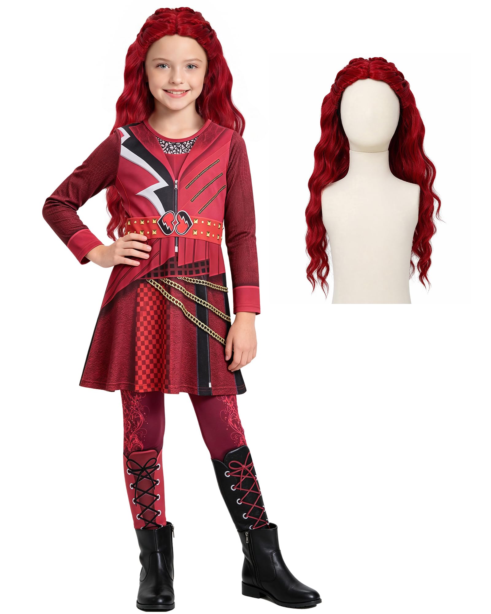 Red Wonderland Costume with Wig Girls Princess Dress for Kids 5-12 Years