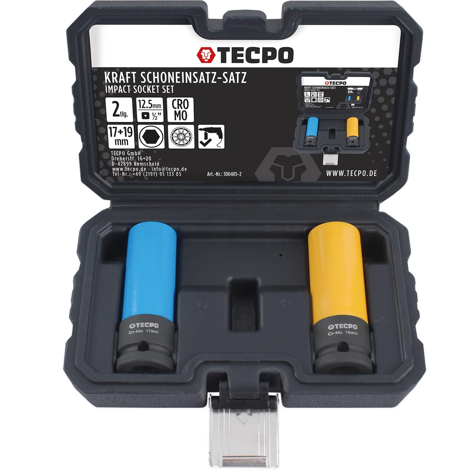 TECPO Cyfrowy klucz dynamometryczny 1/2" cala napęd 17-340 Nm 72 zęby z kluczem nasadowym wkład ochronny SW 17mm i 19mm